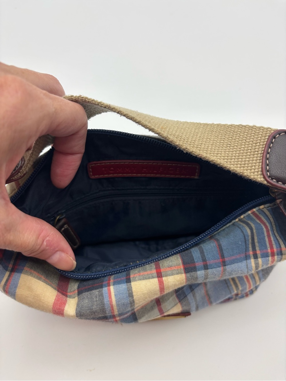 Tommy Hilfiger vintage Y2K era Plaid Canvas mini purse- Navy Red Cream - Picture 6 of 9